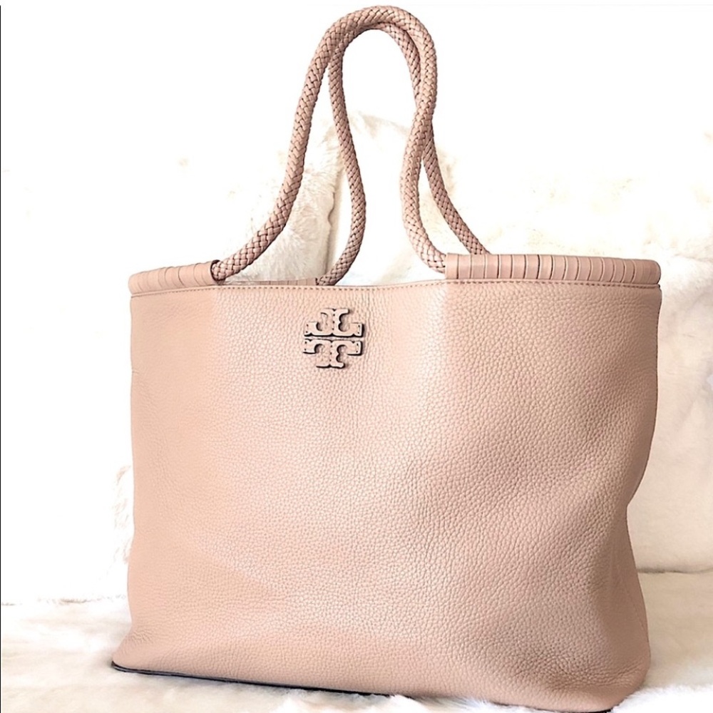 Tory Burch Light Blush Braided-Handle Leather Tote